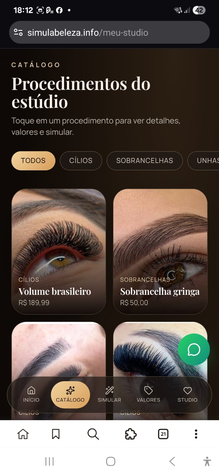 Catálogo de procedimentos do estúdio