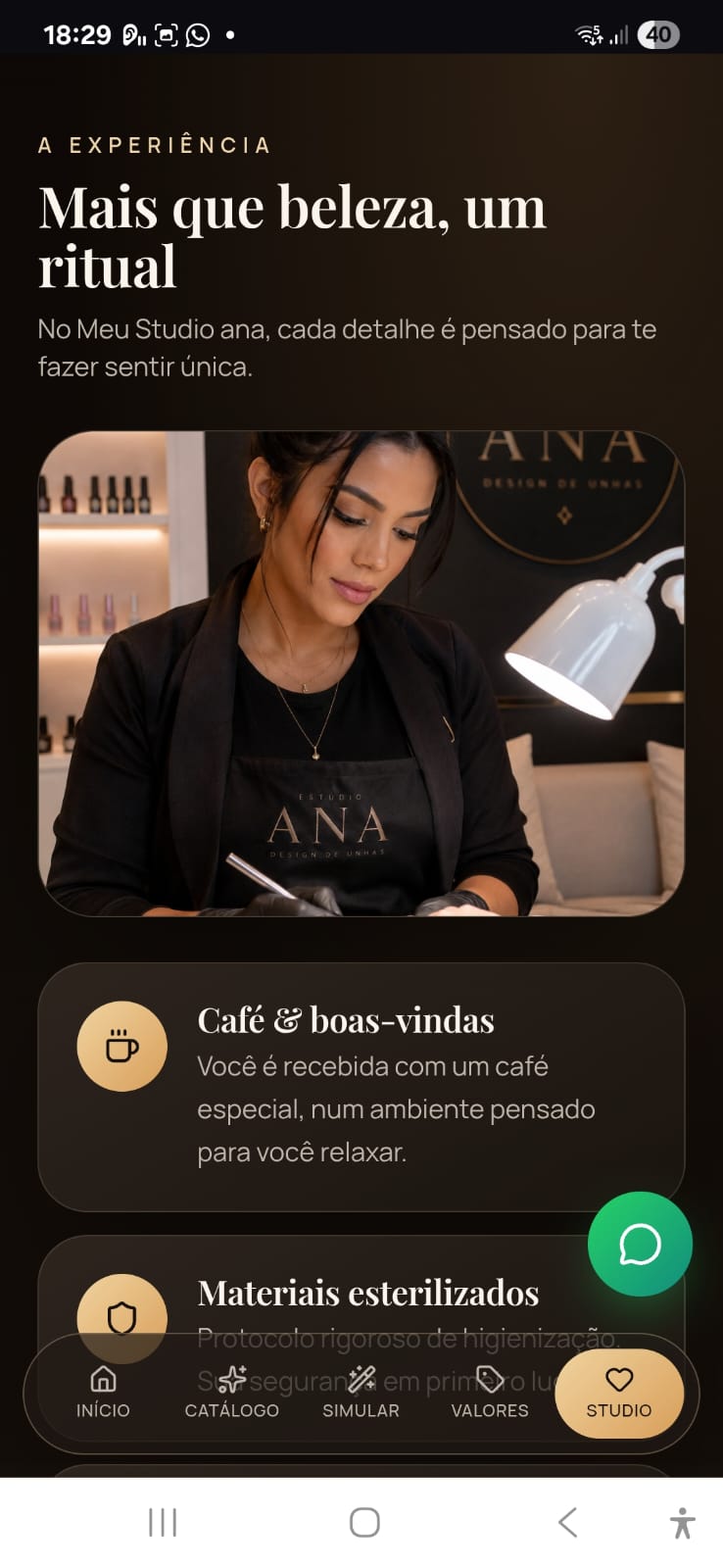 Seção de experiência do estúdio
