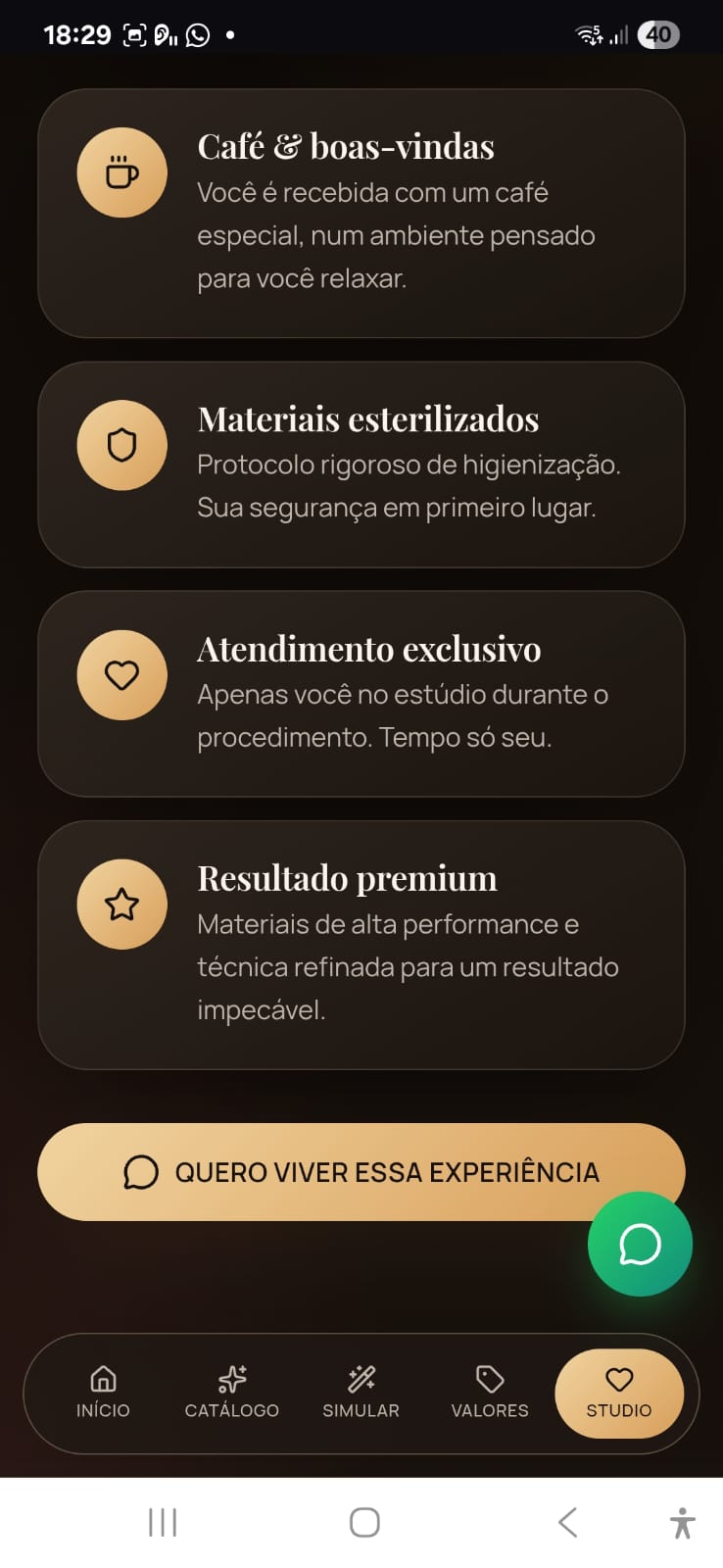 Cards de experiência do estúdio