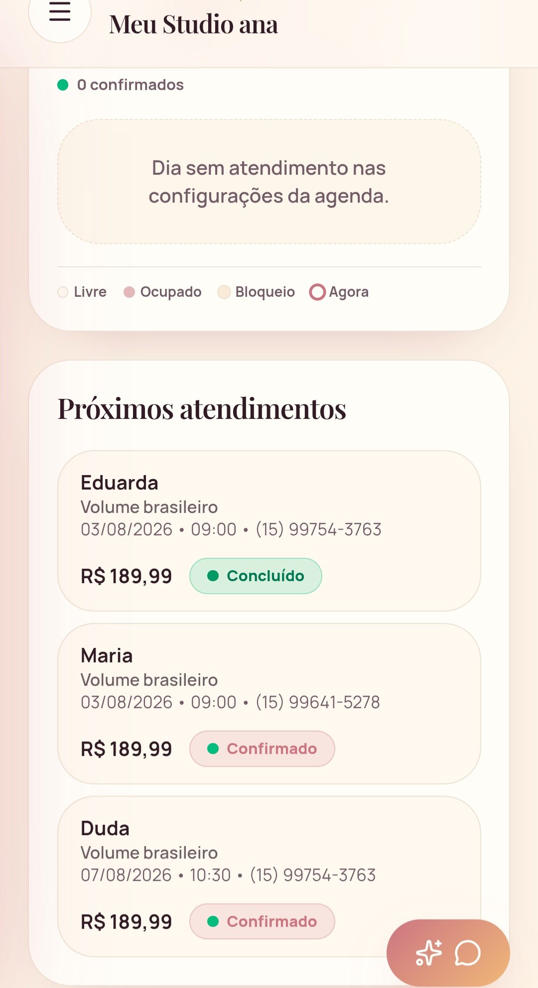 Próximos atendimentos na agenda