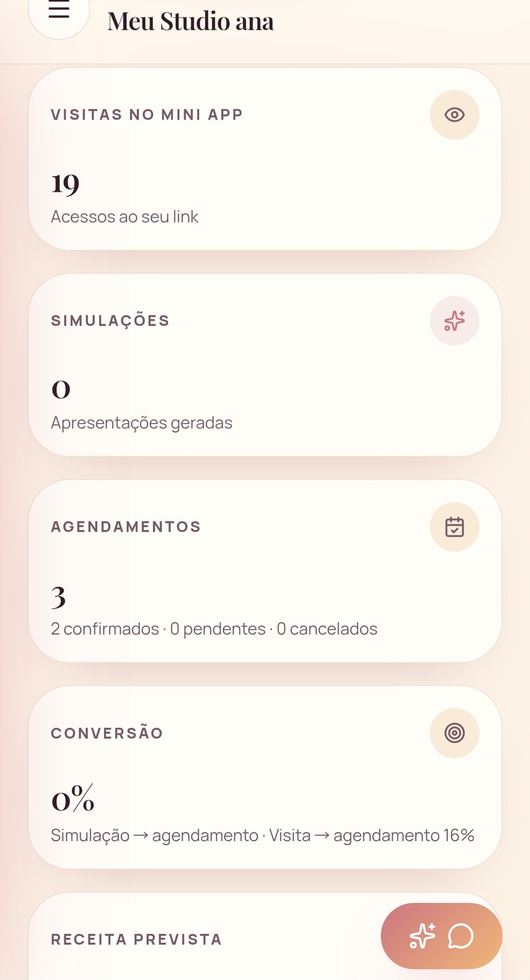 Métricas de visitas, simulações e conversão